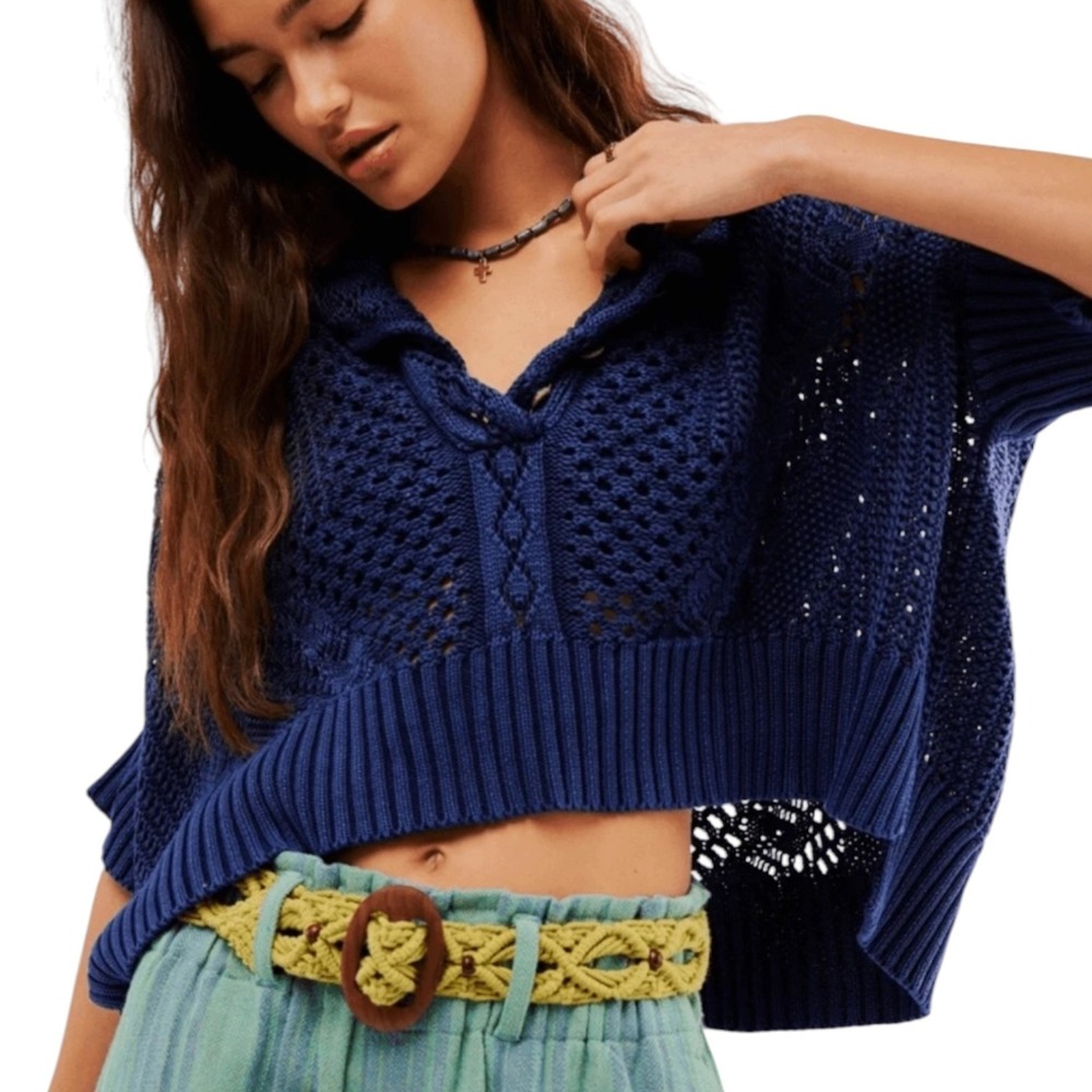 Free People Boho To the Point Open Stitch Polo Sweater Navy Cottagecore SZ Small